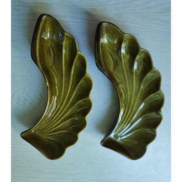 SERVING DISHES-LANE & CO. VAN NUYS, CA-MCM-Pottery-Green-Leaf Shaped-Set of 2 - Picture 1 of 8